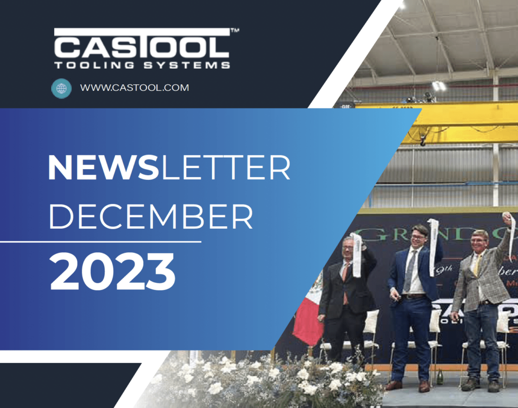 CasTool December 2023 Newsletter poster. With three men standing holding a long piece of paper smiling.