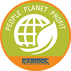 A green circle with orange outline with a world and leaf int he center, CasTool Environmental logo.