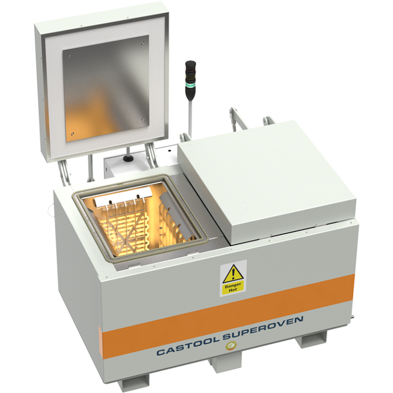 A die casting oven with the left side door opening so you can see it glow on the inside.