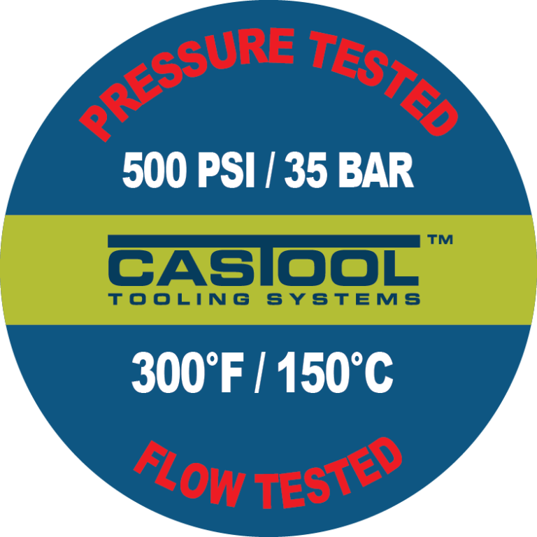 A round blue logo with red Pressure Tested and Flow tested wrote on it. In the middle of the circle is a green bar with a blue CasTool Tooling System logo in the centre.