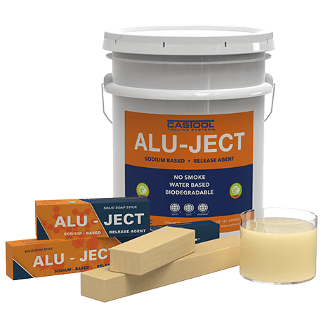 Extrusion Lubrication- ALU-JECT products, A large white bucket with 2 wood blocks and a clear container with a off white/yellow mixture inside of it.