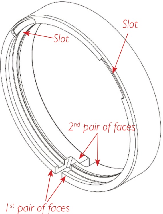 A drawing showing ring slots, a large round circle with cut outs.