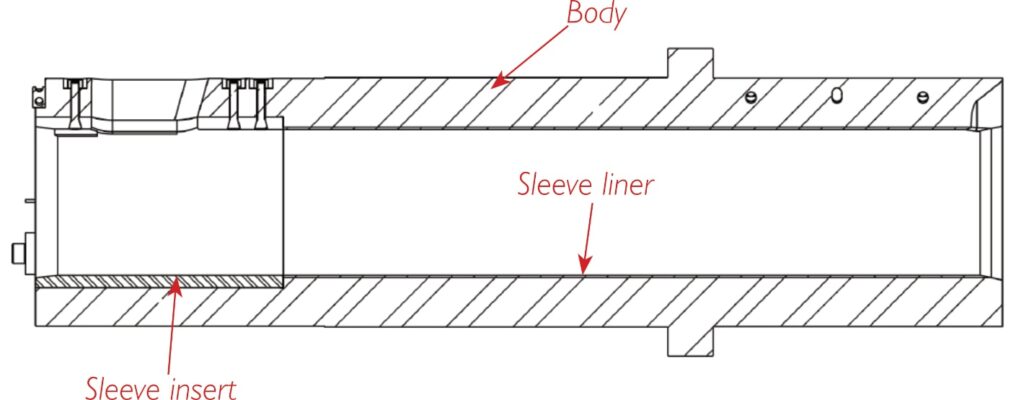 A drawing of a shot sleeve liner diagram, showing the sleeve insert, sleeve liner and the body. A large rectangle.