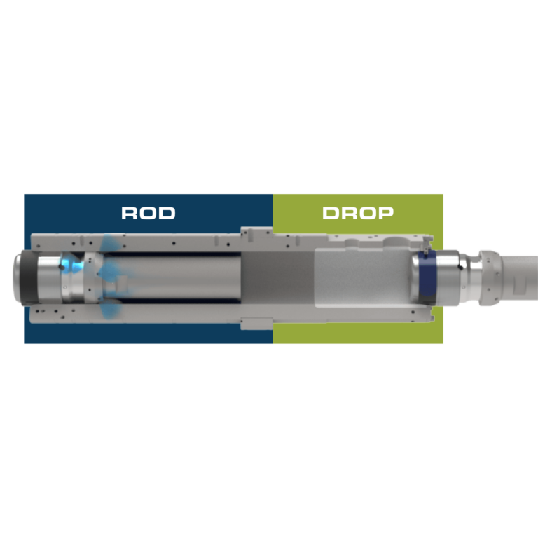 This is an image demonstrating the Lube Drop lubrication system, which discharges lubricant onto the ring of the plunger tip before the stroke, and the Rod Lube lubrication system, which precisely applies atomized lubricant if needed on the return stroke of the plunger rod. Both lubrication systems use Castool's blue vegetable ester-based CLS-200 lubricant which has a high flash point, low viscosity, and biodegradable.